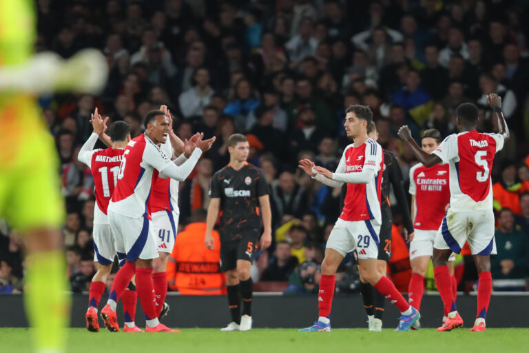 Arsenal celebrates Dmytro Riznyk of Shakhtar Donetsk own goal to make it 1-0 Arsenal during the UEFA Champions League, League Stage Arsenal vs FC Shakhtar Donetsk at Emirates Stadium, London, United Kingdom, 22nd October 2024

(Photo by Izzy Poles/News Images) in London, United Kingdom on 10/22/2024. (Photo by Izzy Poles/News Images/Sipa USA)
2024.10.22 Londyn
pilka nozna Liga Mistrzow
Arsenal Londyn - Szachtar Donieck
Foto Izzy Poles/News Images/SIPA USA/PressFocus

!!! POLAND ONLY !!!