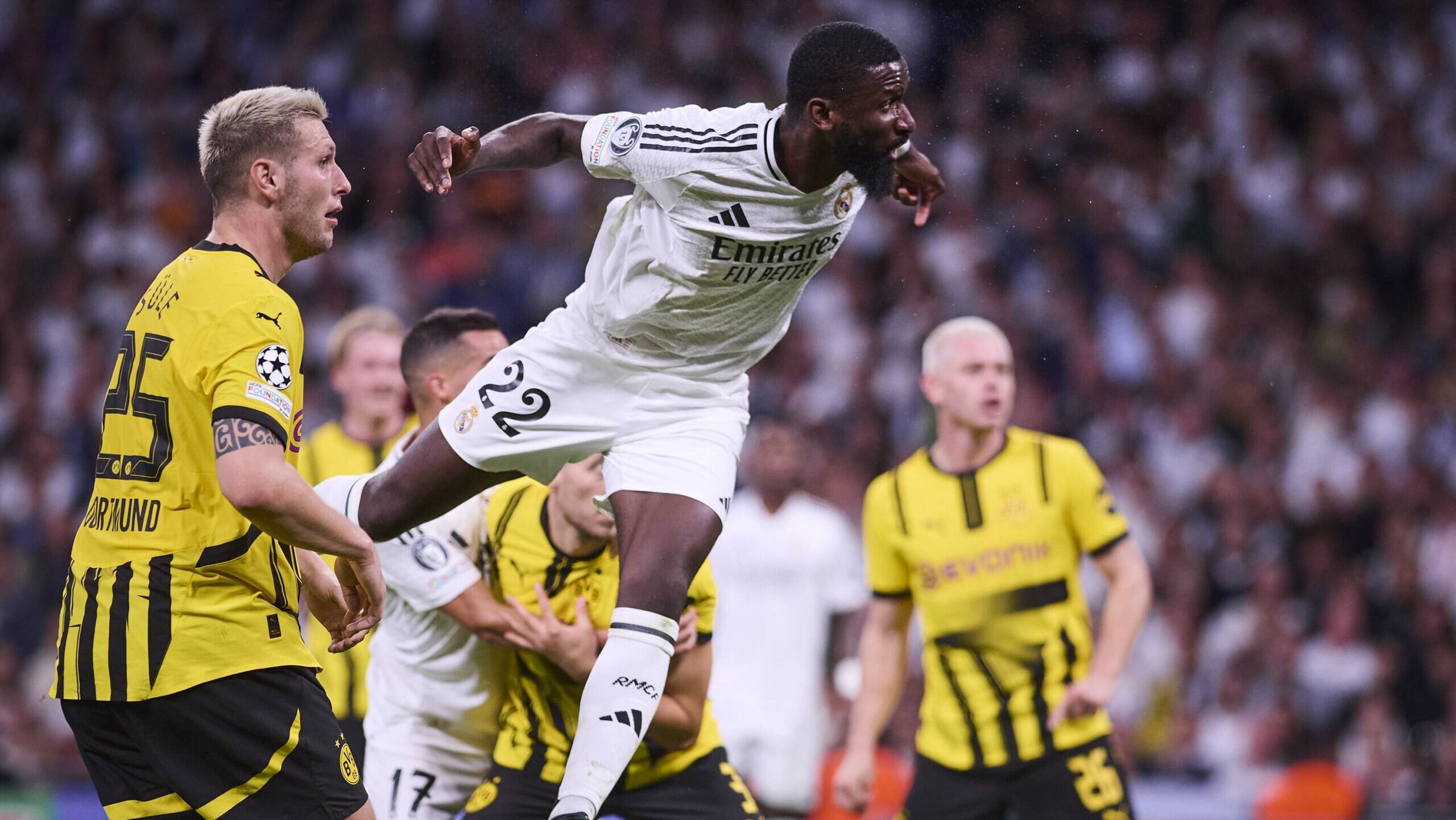 UEFA Champions League soccer match Real Madrid vs Borussia Dortmund at Santiago Bernabeu stadium in Madrid, Spain 22 October 2024
Rudiger scores a goal

(Photo by Cordon Press/Sipa USA)
2024.10.22 Madryt
pilka nozna liga mistrzow
Real Madryt - Borussia Dortmund
Foto Cordon Press/SIPA USA/PressFocus

!!! POLAND ONLY !!!