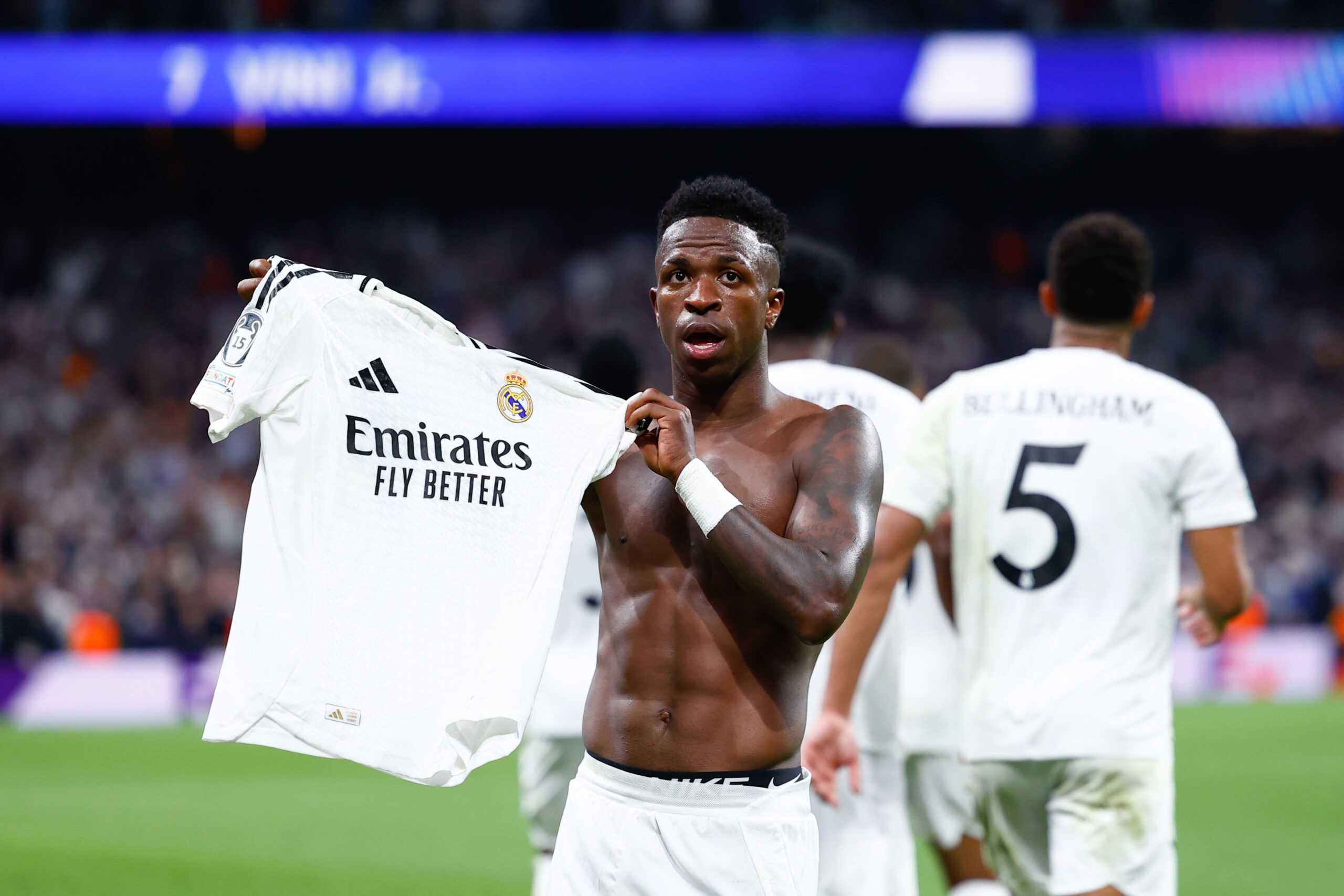 Vinicius Junior of Real Madrid celebrates a goal during the UEFA Champions League, League phase, Matchday 3 football match between Real Madrid and Borussia Dortmund on 22 October 2024 at Santiago Bernabeu stadium in Madrid, Spain (Photo by /Sipa USA)
2024.10.22 Madryt
pilka nozna liga mistrzow
Real Madryt - Borussia Dortmund
Foto IPA/SIPA USA/PressFocus

!!! POLAND ONLY !!!