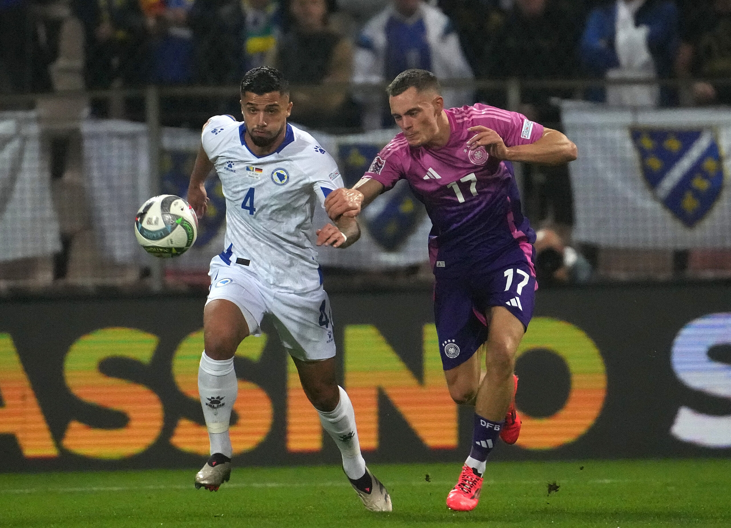 11.10.2024, Bilino Polje, Zenica, BiH, UEFA Nations League, Bosnien und Herzegowina vs Deutschland , im Bild
Jusuf Gazibegovic (Bosnien), Florian Wirtz (Deutschland) (Photo by Hasan Bratic/DeFodi Images) 
LIGA NARODOW UEFA PILKA NOZNA SEZON 2024/2025
BOSNIA I HERCEGOWINA v NIEMCY
FOT. DEFODI IMAGES/newspix.pl / 400mm.pl

POLAND ONLY !!
---
newspix.pl / 400mm.pl