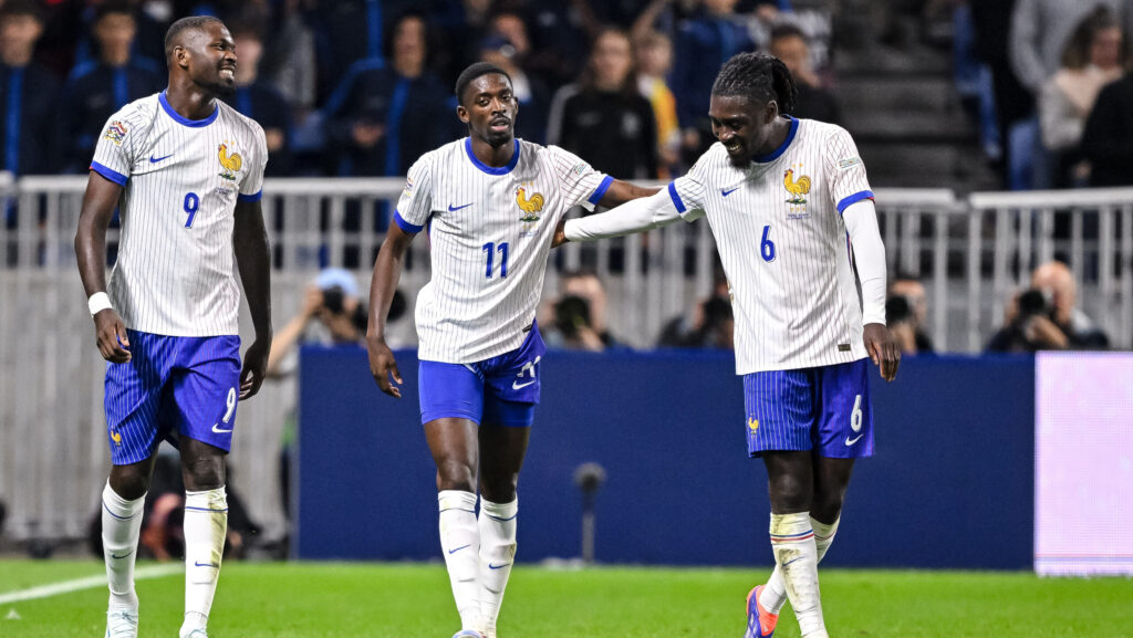 Ousmane Dembélé (France) celebrates after scoring his team&#039;s second goal with teammates during the UEFA Nations League 2024/2025 League A - Group 2 match between France and Belgium at Groupama-Stadion on September 9, 2024 in Lyon , France.  (Photo by Harry Langer/DeFodi Images)  
LIGA NARODOW UEFA PILKA NOZNA SEZON 2024/2025
FRANCJA v BELGIA
FOT. DEFODI IMAGES/newspix.pl / 400mm.pl

POLAND ONLY !!
---
newspix.pl / 400mm.pl