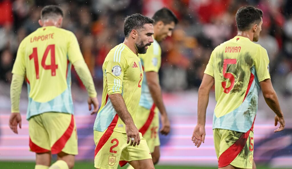 Aymeric Laporte (Spain), Dani Carvajal (Spain) und Daniel Vivian (Spain) looks dejected during the UEFA Nations League 2024/2025 League A - Group 4 match between Switzerland and Spain at Stade de Genève on September 8, 2024 in Geneva, Switzerland.  (Photo by Harry Langer/DeFodi Images)  
LIGA NARODOW UEFA PILKA NOZNA SEZON 2024/2025
SZWAJCARIA v HISZPANIA
FOT. DEFODI IMAGES/newspix.pl / 400mm.pl

POLAND ONLY !!
---
newspix.pl / 400mm.pl