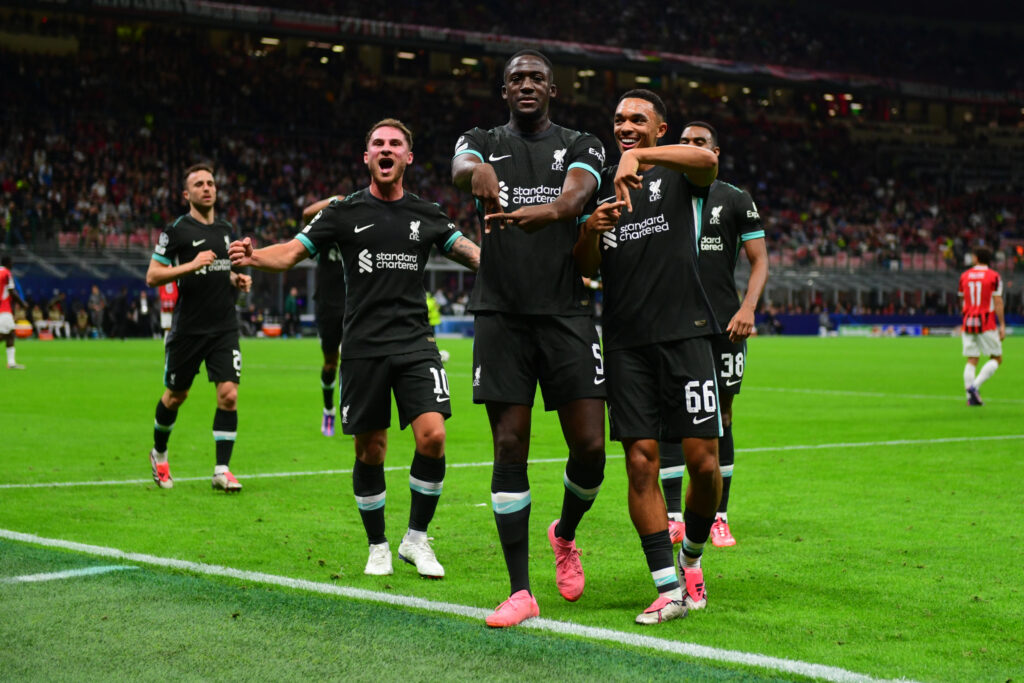 Ibrahima Konate of Liverpool FC celebrates after scoring his team&#039;s first goal during the UEFA Champions League 2024/25 League Phase MD1 match between AC Milan and Liverpool FC at Stadio Giuseppe Meazza (San Siro) on September 17, 2024 in Milan, Italy.   (Photo by Andrea Bruno Diodato/DeFodi Images) 
LIGA MISTRZOW PILKA NOZNA SEZON 2024/2025
FOT.DEFODI IMAGES/newspix.pl / 400mm.pl
POLAND ONLY!

---
newspix.pl / 400mm.pl