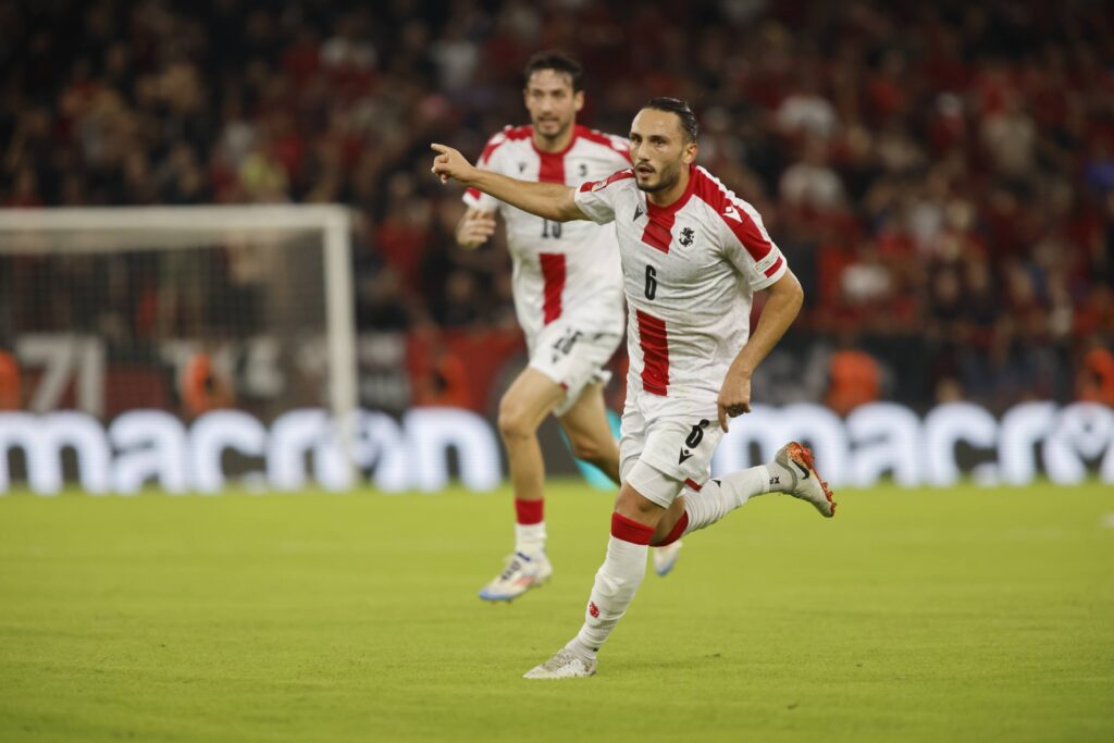 Giorgi Kochorashvili of Georgia celebrating after scoring a goal during the UEFA Nations League 2024/2025 League E - Group 1 match between Albania and Georgia at Air Albania Stadium on September 10, 2024 in Tirana, Albania.   (Photo by Nderim Kaceli/DeFodi Images)  
LIGA NARODOW UEFA PILKA NOZNA SEZON 2024/2025
ALBANIA v GRUZJA
FOT. DEFODI IMAGES/newspix.pl / 400mm.pl

POLAND ONLY !!
---
newspix.pl / 400mm.pl