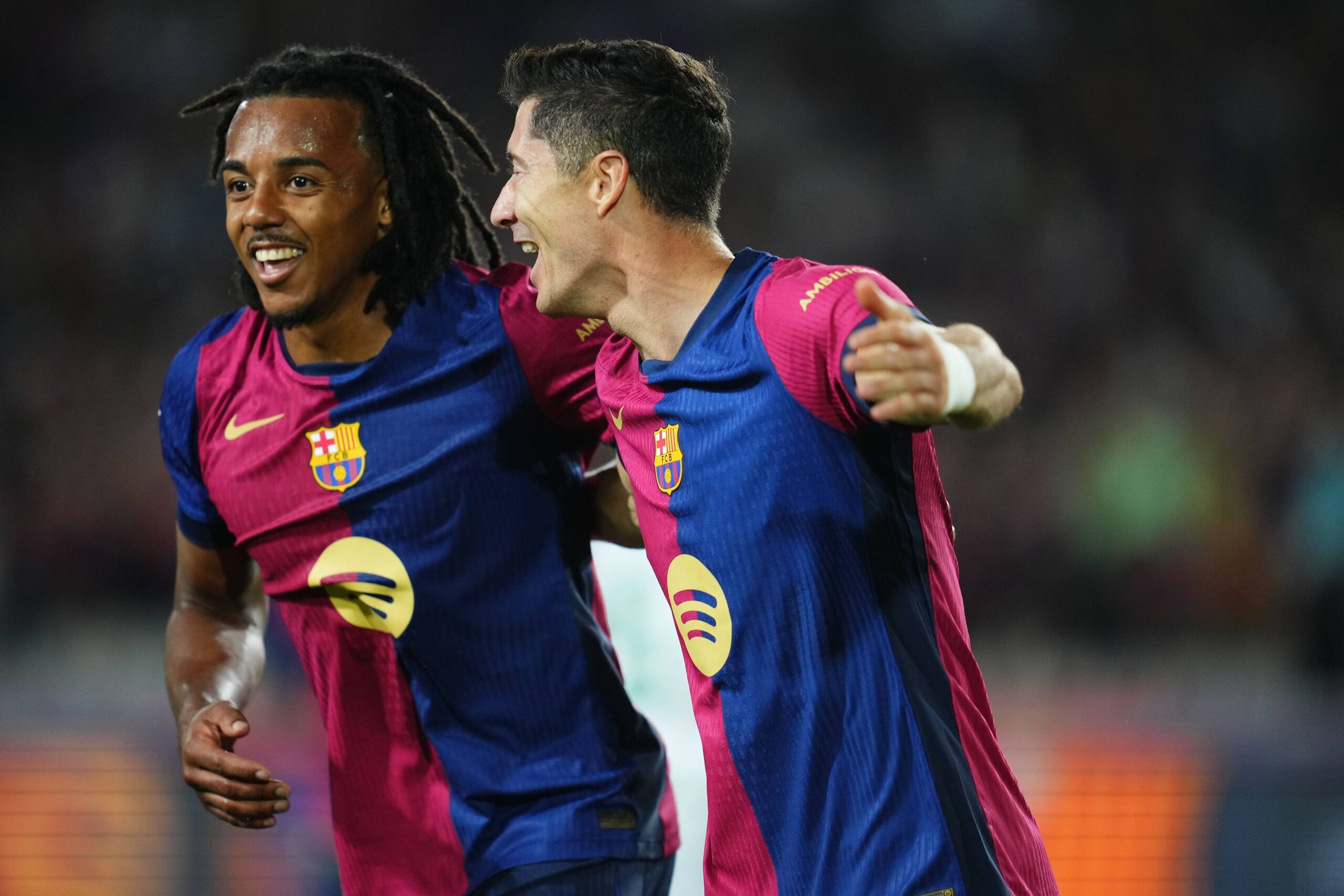 Robert Lewandowski of FC Barcelona celebrates with his teammate Jules Kounde after scoring the 1-0 during the La Liga EA Sports match between FC Barcelona and Getafe CF played at Lluis Companys Stadium on September 25, 2024 in Barcelona, Spain. (Photo by Bagu Blanco / PRESSINPHOTO) 
LIGA HISZPANSKA PILKA NOZNA SEZON 2024/2025
FOT. PRESSINPHOTO/newspix.pl / 400mm.pl

POLAND ONLY !!
---
newspix.pl / 400mm.pl