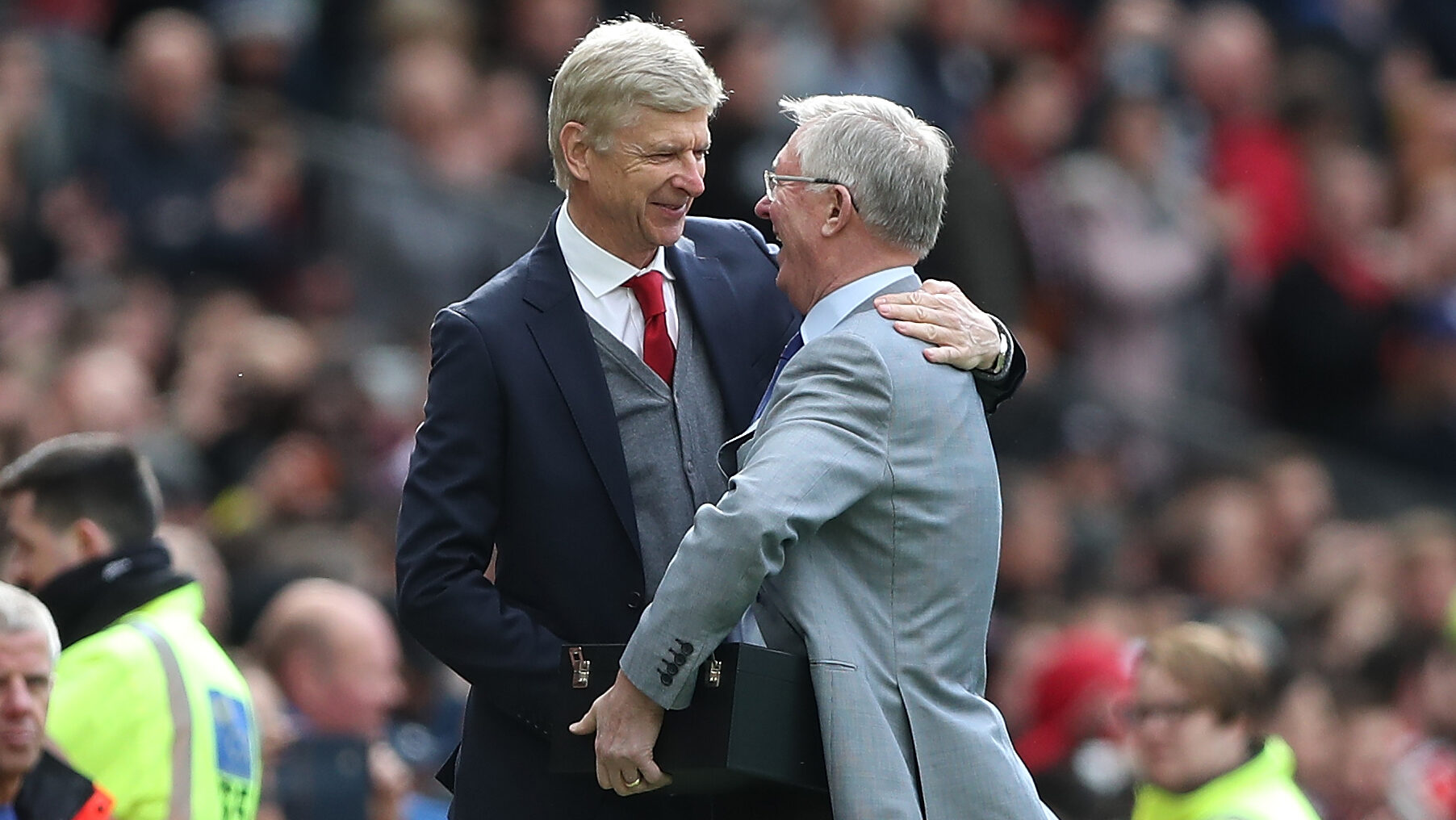 Manchester United 2 Arsenal 1.  Arsene Wenger is presented with a parting gift by Jose Mourinho and Sir Alex Ferguson, 

Material must be credited &quot;The Times/News Licensing&quot; unless otherwise agreed. 100% surcharge if not credited. Online rights need to be cleared separately. Strictly one time use only subject to agreement with News Licensing,Image: 370159522, License: Rights-managed, Restrictions: Usage is subject to our terms and conditions. Electronic storage is prohibited., Model Release: no, Credit line: Bradley Ormesher / News Licensing / Forum