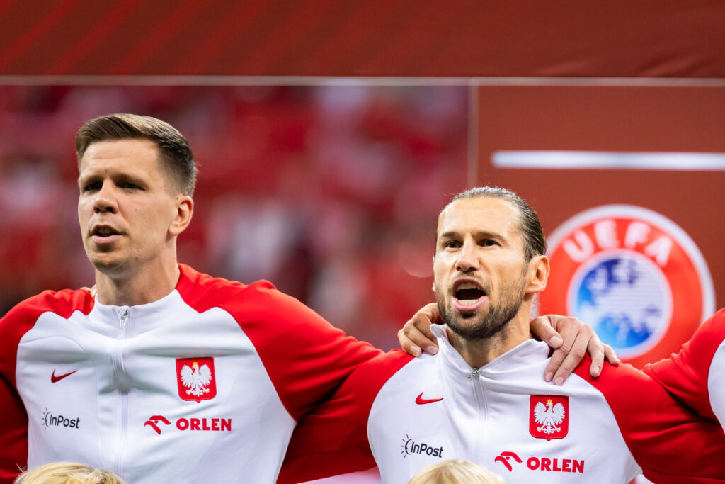 September 7, 2023, Warsaw, Poland: Wojciech Szczesny (L) and Grzegorz Krychowiak (R) of Poland singing the national anthem during the UEFA EURO 2024 qualifying match between Poland and Faroe Islands at PGE Narodowy Stadium. .Final score; Poland 2:0 Faroe Islands.,Image: 803734390, License: Rights-managed, Restrictions: , Model Release: no, Credit line: Mikolaj Barbanell / Zuma Press / Forum