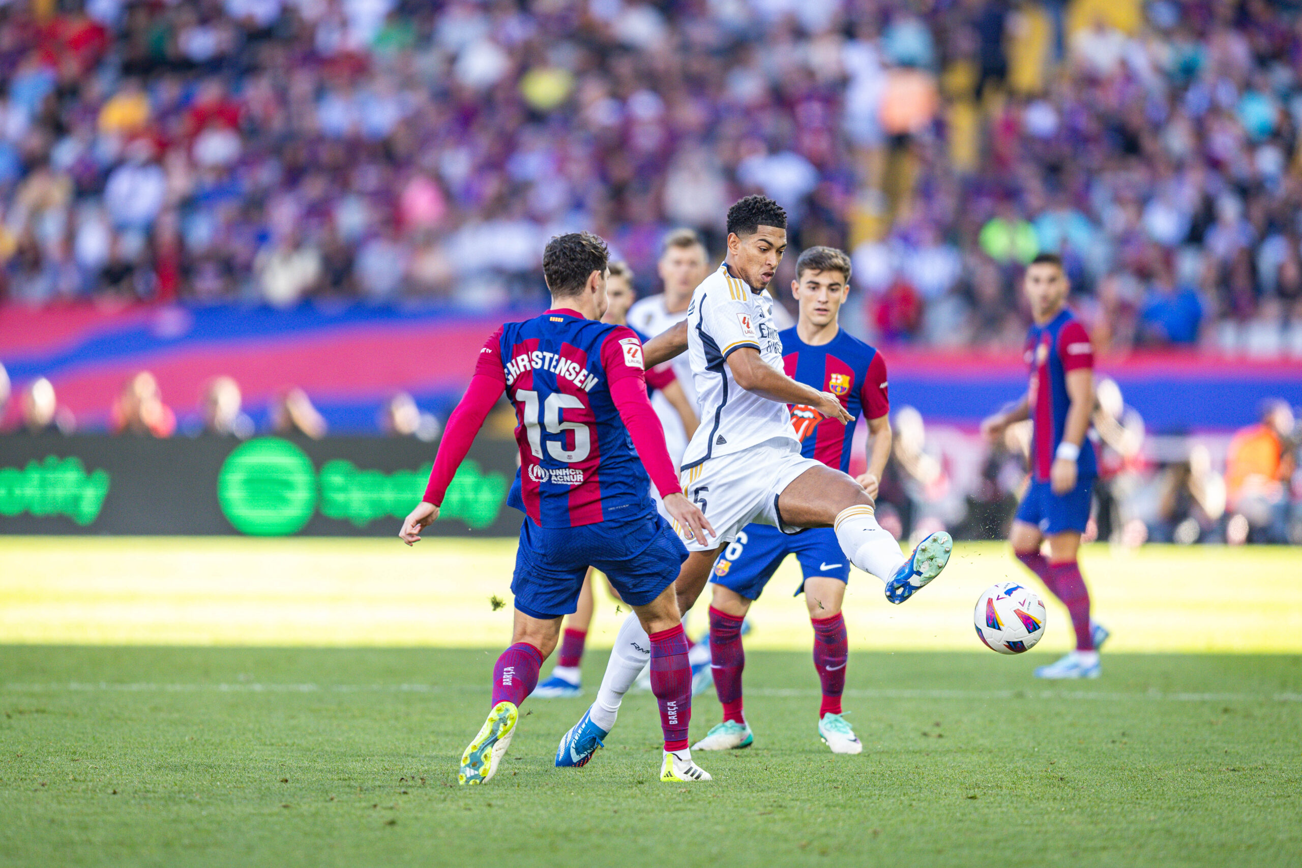 October 28, 2023, Barcelona, Barcelona, Spain: Jude Bellingham (Real Madrid) (C) in action against Andreas Christensen (Barcelona) (L) and Pablo Martin Paez Gavira (Gavi) (Barcelona) (R) during the football match of Spanish championship La Liga EA Sports between Barcelona vs Real Madrid, better known as El Clasico, played at Olimpico de Montjuic stadium on October 28, 2023 in Barcelona, Spain,Image: 818707098, License: Rights-managed, Restrictions: , Model Release: no, Credit line: Alberto Gardin / Zuma Press / Forum