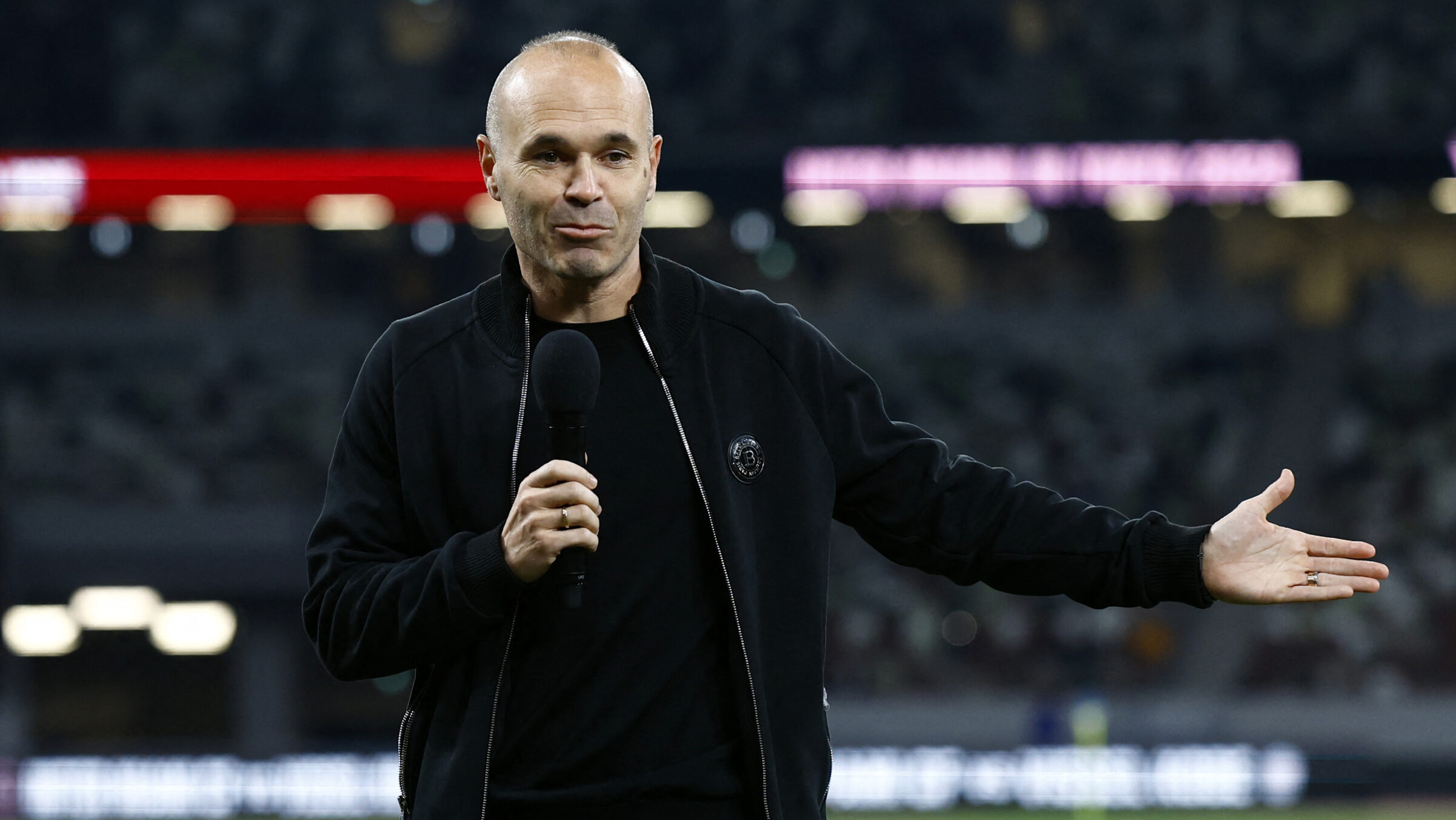 Soccer Football - Friendly - Vissel Kobe v Inter Miami - Japan National Stadium, Tokyo, Japan - February 7, 2024 Emirates Club&#039;s Andres Iniesta speaks before the match,Image: 844219546, License: Rights-managed, Restrictions: , Model Release: no, Credit line: ISSEI KATO / Reuters / Forum