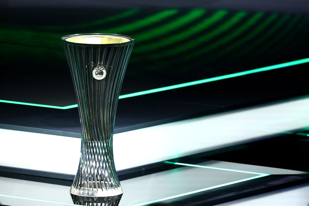 Soccer Football - UEFA Conference League - Phase Draw 2024 - Grimaldi Forum, Monaco - August 30, 2024 General view of the Conference League trophy,Image: 903174653, License: Rights-managed, Restrictions: , Model Release: no, Credit line: Manon Cruz / Reuters / Forum