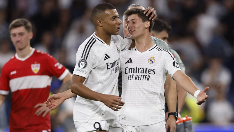 Soccer Football - Champions League - Real Madrid v VfB Stuttgart - Santiago Bernabeu, Madrid, Spain - September 17, 2024 Real Madrid&#039;s Kylian Mbappe and Arda Guler celebrate after the match,Image: 909209392, License: Rights-managed, Restrictions: , Model Release: no, Credit line: Juan Medina / Reuters / Forum