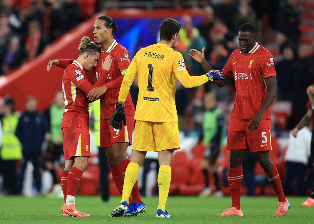 October 2, 2024, Liverpool: Liverpool, England, 2nd October 2024. (L-R) Kostas Tsimikas, Virgil van Dijk, Alisson Becker and Ibrahima Konaté of Liverpool celebrate after the UEFA Champions League match at Anfield, Liverpool.,Image: 915576437, License: Rights-managed, Restrictions: * United Kingdom Rights OUT *, Model Release: no, Credit line: Jessica Hornby / Zuma Press / Forum