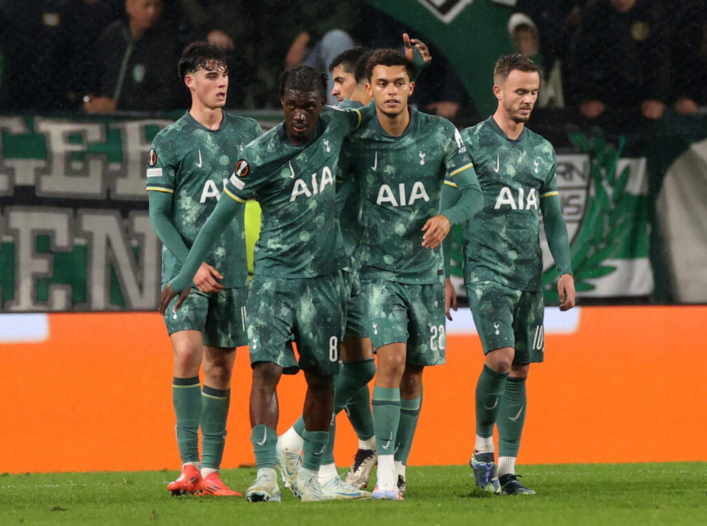 Soccer Football - Europa League - Ferencvaros v Tottenham Hotspur - Groupama Arena, Budapest, Hungary - October 3, 2024 Tottenham Hotspur&#039;s Brennan Johnson celebrates scoring their second goal with Yves Bissouma,Image: 916017107, License: Rights-managed, Restrictions: , Model Release: no, Credit line: Bernadett Szabo / Reuters / Forum