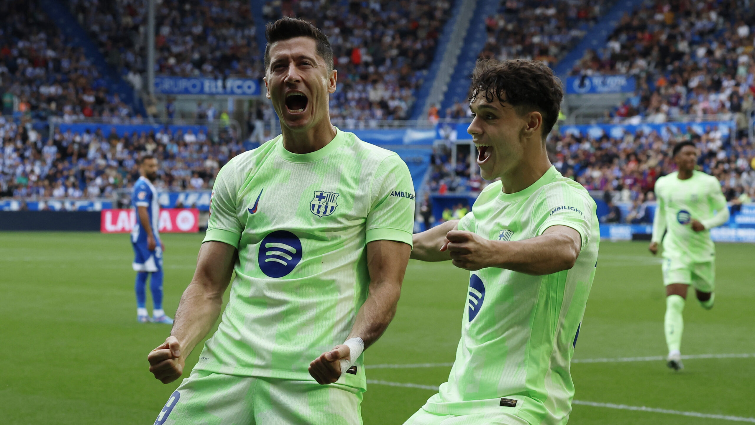 Soccer Football - LaLiga - Deportivo Alaves v FC Barcelona - Estadio Mendizorroza, Vitoria-Gasteiz, Spain - October 6, 2024 FC Barcelona&#039;s Robert Lewandowski celebrates scoring their first goal,Image: 917233775, License: Rights-managed, Restrictions: , Model Release: no, Credit line: Vincent West / Reuters / Forum