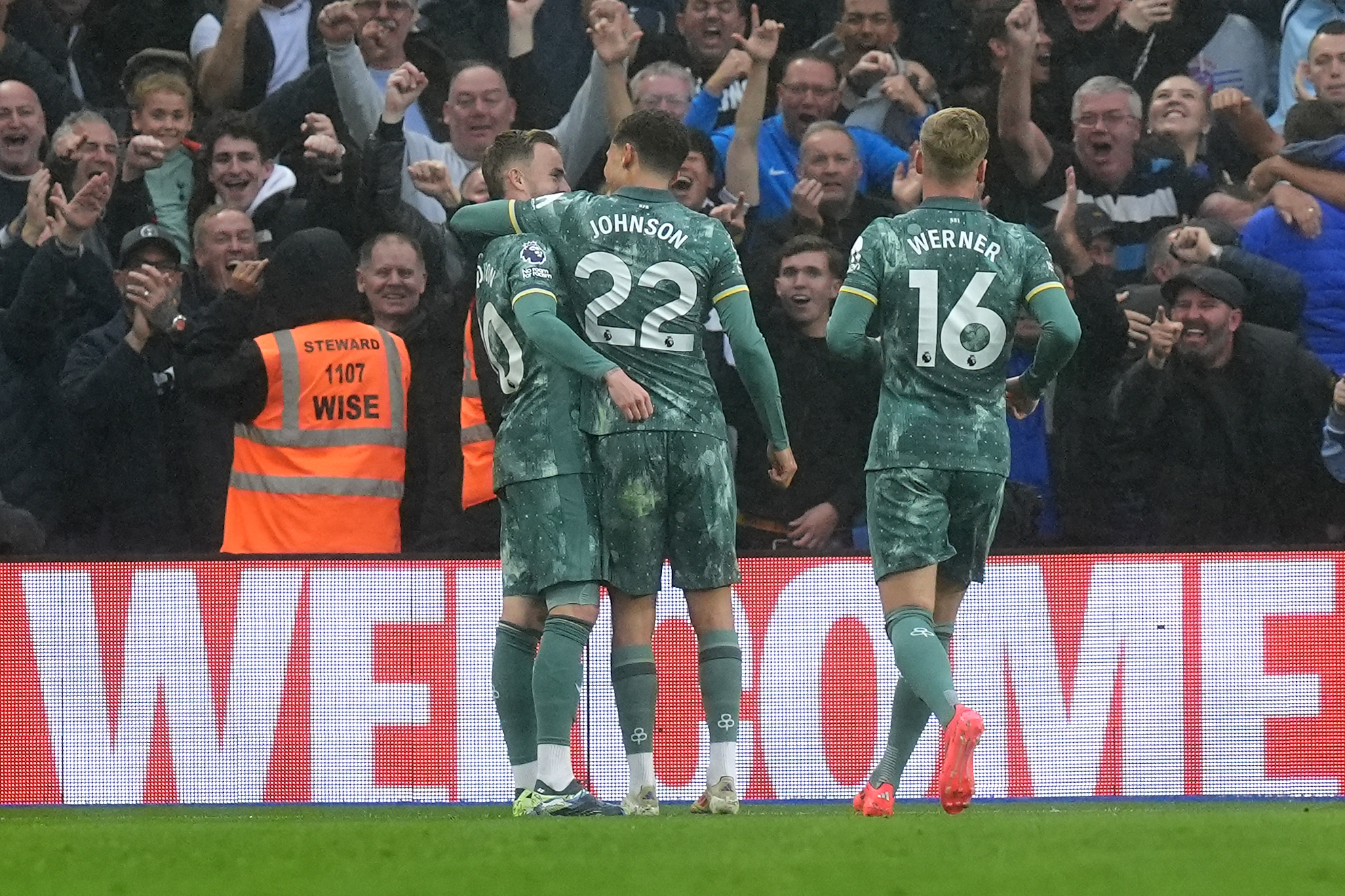 Tottenham Hotspur&#039;s Brennan Johnson (centre) celebrates scoring their side&#039;s first goal of the game with team-mates James Maddison (left) and Timo Werner during the Premier League match at the American Express Stadium, Brighton. Picture date: Sunday October 6, 2024.,Image: 917260098, License: Rights-managed, Restrictions: EDITORIAL USE ONLY No use with unauthorised audio, video, data, fixture lists, club/league logos or &quot;live&quot; services. Online in-match use limited to 120 images, no video emulation. No use in betting, games or single club/league/player publications., Model Release: no, Credit line: Gareth Fuller / PA Images / Forum