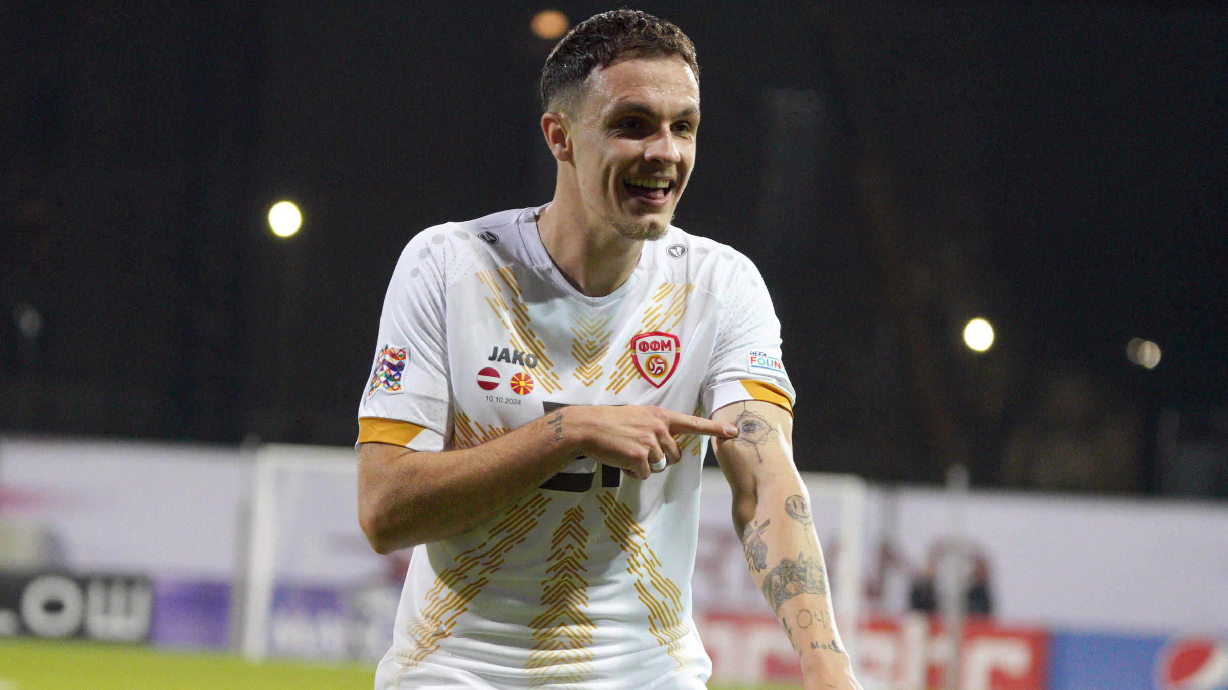 10.10.2024 Riga. North Macedonias Jani Atanasov reacts during UEFA Nations League game agaist Latvia in Riga, Latvia. Foto: . Riga Latvia Copyright: xRomanxKoksarovx soc_LAT-MKD20241010rk40.JPG,Image: 919176018, License: Rights-managed, Restrictions: , Model Release: no, Credit line: Roman Koksarov / imago sport / Forum