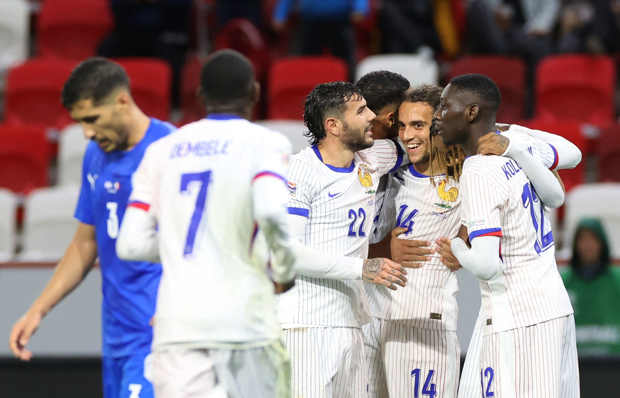 Soccer Football - UEFA Nations League - Group A2 - Israel v France - Bozsik Arena, Budapest, Hungary - October 10, 2024 France&#039;s Matteo Guendouzi celebrates scoring their third goal with teammates,Image: 919239876, License: Rights-managed, Restrictions: , Model Release: no, Credit line: Bernadett Szabo / Reuters / Forum