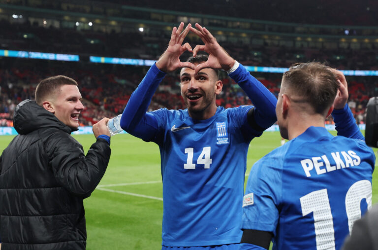 Soccer Football - UEFA Nations League - Group B2 - England v Greece - Wembley Stadium, London, Britain - October 10, 2024 Greece&#039;s Vangelis Pavlidis celebrates scoring their second goal,Image: 919243888, License: Rights-managed, Restrictions: , Model Release: no, Credit line: Paul Childs / Reuters / Forum