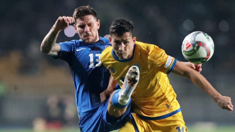 Soccer Football - UEFA Nations League - Group B3 - Kazakhstan v Slovenia - Central Stadium, Almaty, Kazakhstan - October 13, 2024 Slovenia&#039;s Erik Janza in action with Kazakhstan&#039;s Baktiyor Zainutdinov,Image: 920482963, License: Rights-managed, Restrictions: , Model Release: no, Credit line: Pavel Mikheyev / Reuters / Forum