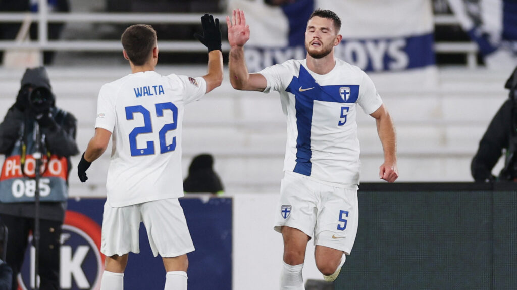 Soccer Football - UEFA Nations League - Group F - Finland v England - Helsinki Olympic Stadium, Helsinki, Finland - October 13, 2024 Finland&#039;s Arttu Hoskonen celebrates scoring their first goal with Leo Walta,Image: 920571463, License: Rights-managed, Restrictions: , Model Release: no, Credit line: Lee Smith / Reuters / Forum