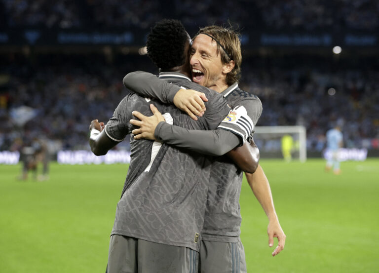 Soccer Football - LaLiga - Celta Vigo v Real Madrid - Estadio de Balaidos, Vigo, Spain - October 19, 2024 Real Madrid&#039;s Vinicius Junior celebrates scoring their second goal with Real Madrid&#039;s Luka Modric,Image: 923610663, License: Rights-managed, Restrictions: , Model Release: no, Credit line: Miguel Vidal / Reuters / Forum