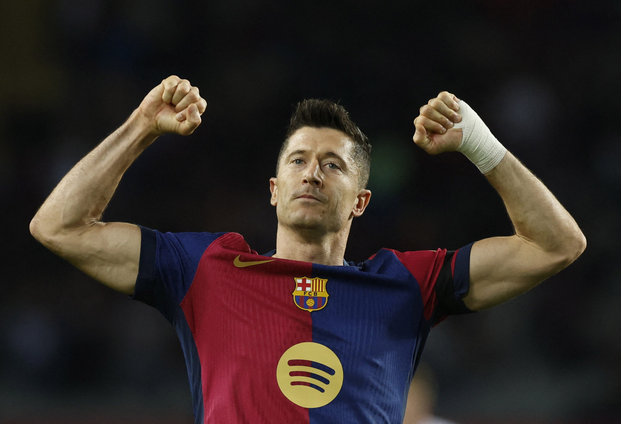 Soccer Football - LaLiga - FC Barcelona v Sevilla - Estadi Olimpic Lluis Companys, Barcelona, Spain - October 20, 2024 FC Barcelona&#039;s Robert Lewandowski celebrates scoring their first goal,Image: 924062861, License: Rights-managed, Restrictions: , Model Release: no, Credit line: Albert Gea / Reuters / Forum