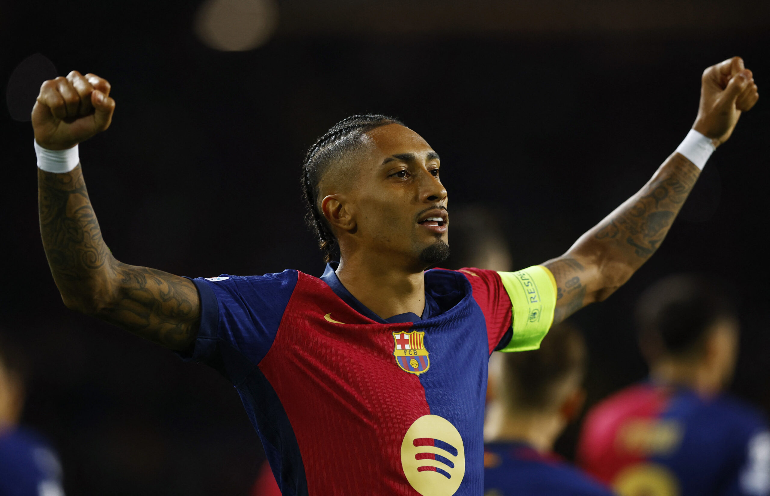 Soccer Football - Champions League - FC Barcelona v Bayern Munich - Estadi Olimpic Lluis Companys, Barcelona, Spain - October 23, 2024 FC Barcelona&#039;s Raphinha celebrates scoring their first goal,Image: 925490829, License: Rights-managed, Restrictions: , Model Release: no, Credit line: Albert Gea / Reuters / Forum