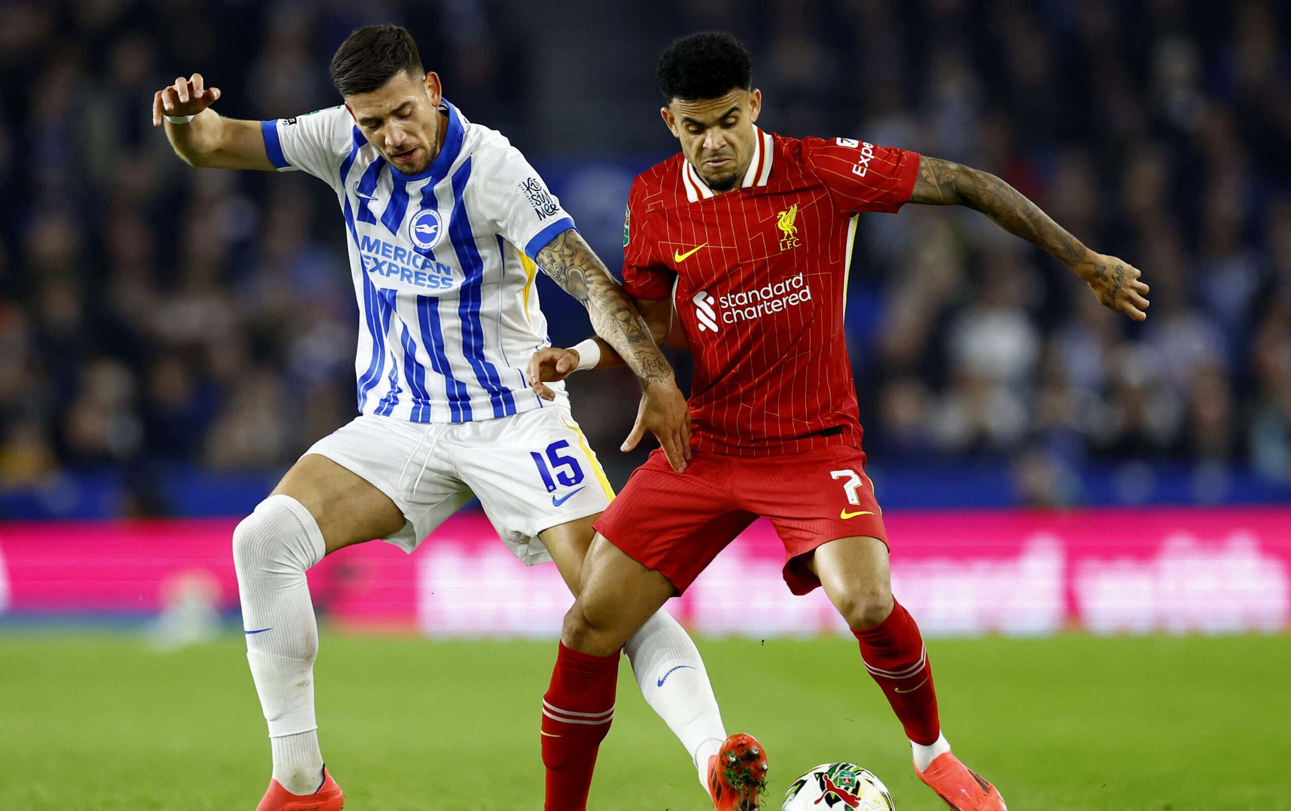 Soccer Football - Carabao Cup - Round of 16 - Brighton &amp; Hove Albion v Liverpool - The American Express Community Stadium, Brighton, Britain - October 30, 2024 Liverpool&#039;s Luis Diaz in action with Brighton &amp; Hove Albion&#039;s Jakub Moder  EDITORIAL USE ONLY. NO USE WITH UNAUTHORIZED AUDIO, VIDEO, DATA, FIXTURE LISTS, CLUB/LEAGUE LOGOS OR &#039;LIVE&#039; SERVICES. ONLINE IN-MATCH USE LIMITED TO 120 IMAGES, NO VIDEO EMULATION. NO USE IN BETTING, GAMES OR SINGLE CLUB/LEAGUE/PLAYER PUBLICATIONS. PLEASE CONTACT YOUR ACCOUNT REPRESENTATIVE FOR FURTHER DETAILS..,Image: 928355021, License: Rights-managed, Restrictions: NO USE WITH UNAUTHORIZED AUDIO, VIDEO, DATA, FIXTURE LISTS, CLUB/LEAGUE LOGOS OR “LIVE” SERVICES. ONLINE IN-MATCH USE LIMITED TO 45 IMAGES, NO VIDEO EMULATION. NO USE IN BETTING, GAMES OR SINGLE CLUB/LEAGUE/PLAYER PUBLICATIONS., Model Release: no, Credit line: Peter Cziborra / Reuters / Forum