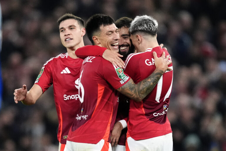 Manchester United&#039;s Bruno Fernandes celebrates scoring their side&#039;s third goal of the game with team-mates during the Carabao Cup fourth round match at Old Trafford, Manchester. Picture date: Wednesday October 30, 2024.,Image: 928385029, License: Rights-managed, Restrictions: EDITORIAL USE ONLY No use with unauthorised audio, video, data, fixture lists, club/league logos or &quot;live&quot; services. Online in-match use limited to 120 images, no video emulation. No use in betting, games or single club/league/player publications., Model Release: no, Credit line: Nick Potts / PA Images / Forum