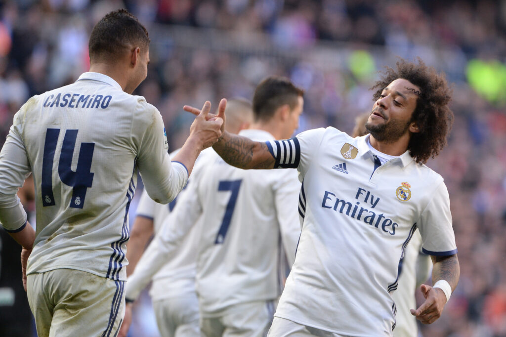 MADRID,SPAIN: Casemiro, #14 of Real Madrid and Marcelo, #12 of Real Madrid  during the La Liga match between Real Madrid and Granada at Estadio Santiago Bernabeu on 07/01/2017, in MADRID, SPAIN. Photo by Sonia Canada/Cordon Press
07.01.2017 Madryt Hiszpania
Pilka nozna Liga hiszpanska La liga Primera Division 
Real Madryt - Granada
FOTO Sonia Canada / Cordon Press / PressFocus

POLAND ONLY!!