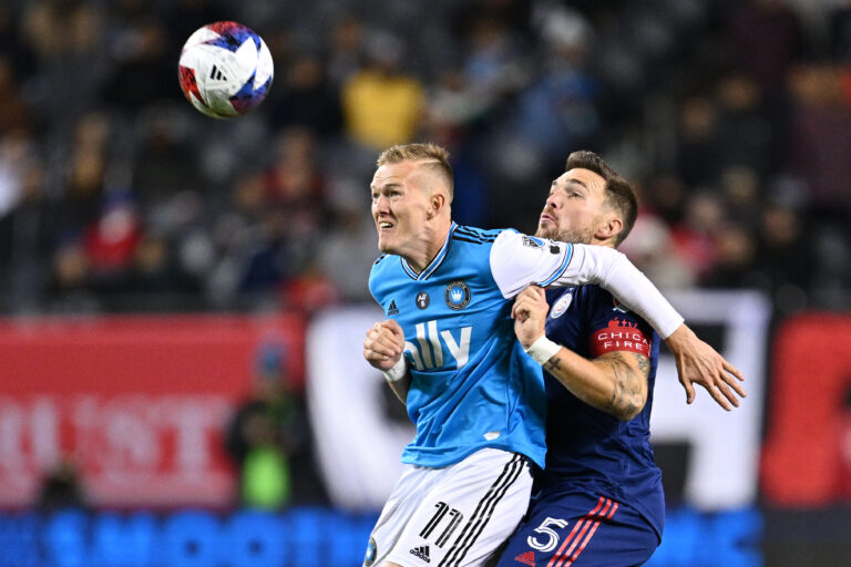 Oct 7, 2023; Chicago, Illinois, USA;  Charlotte FC forward Karol Swiderski (11) and Chicago Fire FC defender Rafael Czichos (5) battle for position on a loose ball in the second half at Soldier Field. Mandatory Credit: Jamie Sabau-USA TODAY Sports/Sipa USA
2023.10.07 Chicago
pilka nozna amerykanska liga MLS
Chicago Fire - Charlotte FC
Foto Jamie Sabau-USA TODAY Sports/SIPA USA/PressFocus

!!! POLAND ONLY !!!