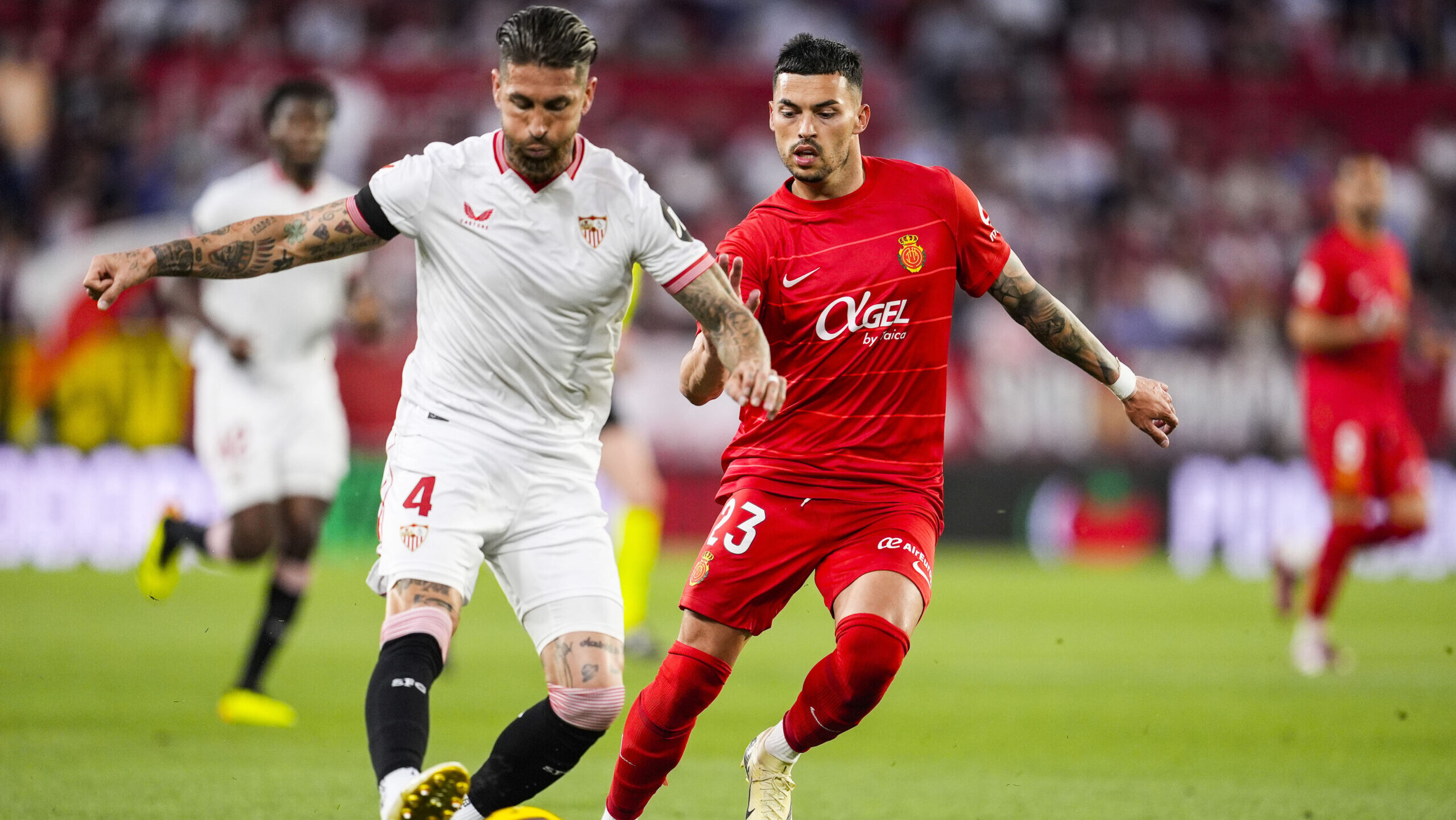 Sergio Ramos of Sevilla FC and Nemanja Radonjic of RCD Mallorca during the Spanish championship La Liga football match between Sevilla FC and RCD Mallorca on April 22, 2024 at Ramon Sanchez-Pizjuan stadium in Sevilla, Spain (Photo by /Sipa USA)
2024.04.22 Sewilla
pilka nozna  , liga hiszpanska
Sevilla FC - RCD Mallorca
Foto Joaquin Corchero/DPPI/IPA Sport 2/ipa-agency.net/SIPA USA/PressFocus

!!! POLAND ONLY !!!