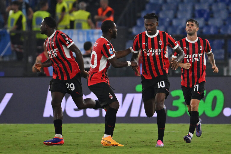 Rafael Leao of A.C. Milan celebrates after scoring the gol of 2-2 during the 3nd day of the Serie A Championship between S.S. Lazio and A.C. Milan at the Olympic Stadium on August 31, 2024 in Rome, Italy. (Photo by Domenico Cippitelli/IPA Sport / /IPA/Sipa USA)
2024.08.31 Rzym
pilka nozna liga wloska
SS Lazio Rzym - AC Milan
Foto Domenico Cippitelli/IPA Sport/ipa-agency.net/SIPA USA/PressFocus

!!! POLAND ONLY !!!