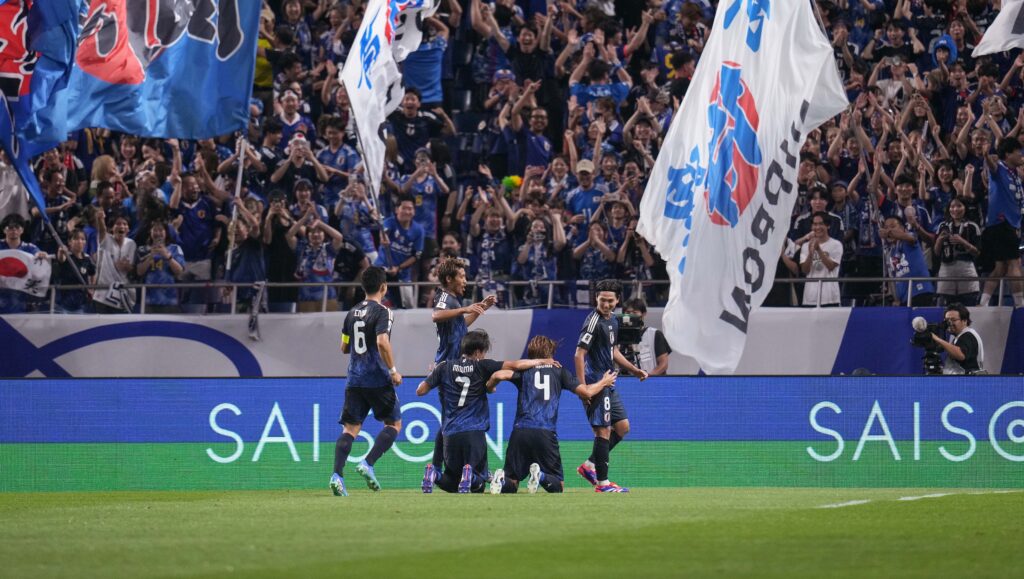 (240905) -- SAITAMA, Sept. 5, 2024 (Xinhua) -- Players of Japan celebrate scoring during the 2026 FIFA World Cup Asian qualifier match between China and Japan in Saitama, Japan, Sept. 5, 2024. (Xinhua/Zhang Xiaoyu)

2024.09.05 Saitama
pilka nozna , eliminacje, kwalifikacje do Mistrzostw Swiata
Japonia - Chiny
Foto Zhang Xiaoyu/Xinhua/PressFocus

!!! POLAND ONLY !!!