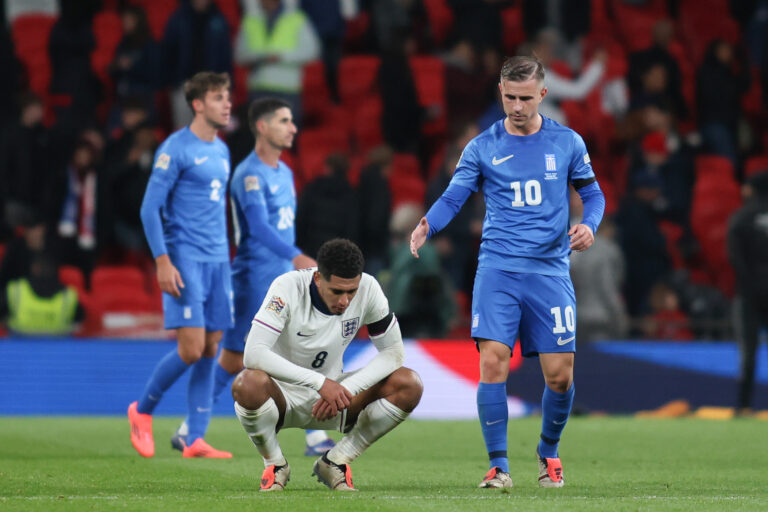 London, England, October 10th 2024: Jude Bellingham (8 England) looks dejected as Dimitris Pelkas (10 Greece) approaches to shake his hand during the UEFA Nations League game between England and Greece at Wembley Stadium in London, England  (Alexander Canillas/SPP) (Photo by Alexander Canillas/SPP/Sipa USA)
2024.10.10 London
pilka nozna liga narodow
Anglia - Grecja
Foto Alexander Canillas/SPP/SIPA USA/PressFocus

!!! POLAND ONLY !!!