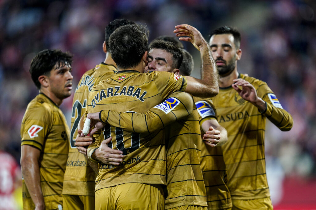 Mikel Oyarzabal of Real Sociedad celebrates the 0-1 during the La Liga EA Sports match between Girona FC and Real Sociedad played at Montilivi Stadium on October 19, 2024 in Girona, Spain. (Photo by Sergio Ruiz / Imago)  (Photo by pressinphoto/Sipa USA)
2024.10.19 Girona
pilka nozna liga hiszpanska
Girona FC - Real Sociedad
Foto pressinphoto/SIPA USA/PressFocus

!!! POLAND ONLY !!!