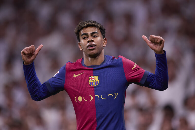 Lamine Yamal of FC Barcelona celebrates a goal during the 2024/2025 La Liga EA Sports week 11 football match between Real Madrid CF and FC Barcelona at Santiago Bernabeu stadium. Final score: Real Madrid CF 0 : 4 FC Barcelona (Photo by Federico Titone / SOPA Images/Sipa USA)
2024.10.26 Madryt
pilka nozna liga hiszpanska
Real Madryt - FC Barcelona
Foto Federico Titone/SOPA Images/SIPA USA/PressFocus

!!! POLAND ONLY !!!