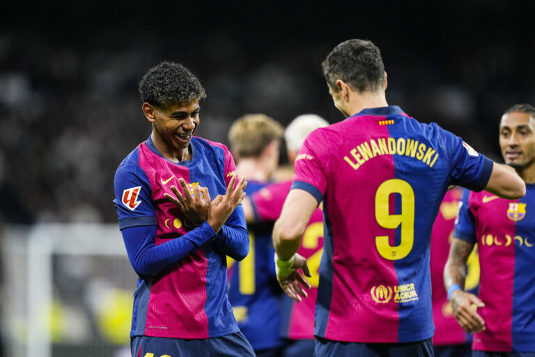 Lamine Yamal of FC Barcelona celebrates a goal 0-3 with Robert Lewandowski during the Spanish championship La Liga football match between Real Madrid CF and FC Barcelona on 26 October 2024 at Santiago Bernabeu stadium in Madrid, Spain (Photo by /Sipa USA)
2024.10.26 Madryt
pilka nozna liga hiszpanska
Real Madryt - FC Barcelona
Foto IPA/SIPA USA/PressFocus

!!! POLAND ONLY !!!