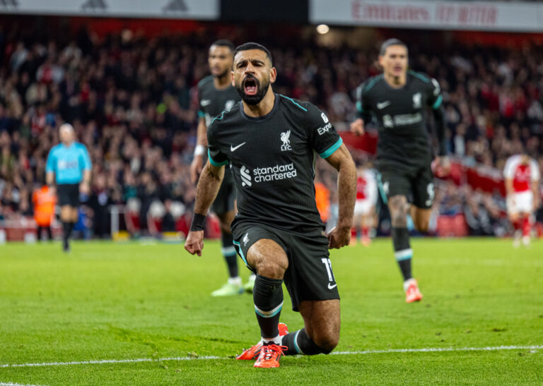 (241028) -- LONDON, Oct. 28, 2024 (Xinhua) -- Liverpool&#039;s Mohamed Salah celebrates after scoring his side&#039;s second equalising goal during the English Premier League football match between Arsenal and Liverpool in London, Britain, on Oct. 27, 2024. (Xinhua)

FOR EDITORIAL USE ONLY. NOT FOR SALE FOR MARKETING OR ADVERTISING CAMPAIGNS. NO USE WITH UNAUTHORIZED AUDIO, VIDEO, DATA, FIXTURE LISTS, CLUB/LEAGUE LOGOS OR &quot;LIVE&quot; SERVICES. ONLINE IN-MATCH USE LIMITED TO 45 IMAGES, NO VIDEO EMULATION. NO USE IN BETTING, GAMES OR SINGLE CLUB/LEAGUE/PLAYER PUBLICATIONS. (Xinhua)

2024.10.27 Londyn
pilka nozna liga angielska
Arsenal Londyn - FC Liverpool
Foto Li Ying/Xinhua/PressFocus

!!! POLAND ONLY !!!