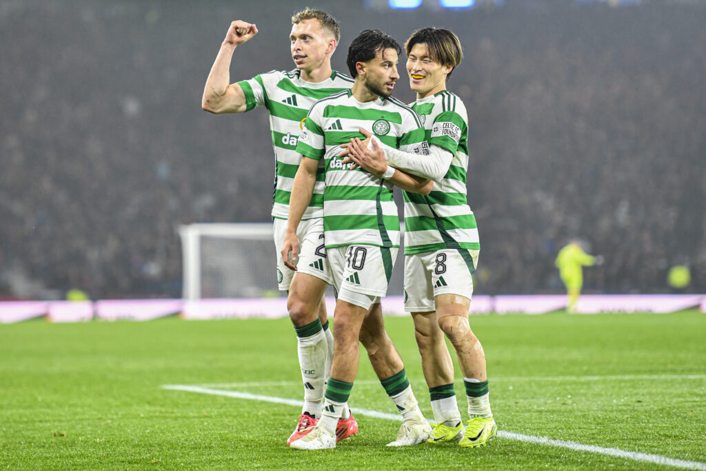 Nicolas Kuhn of Celtic scores their sides fifth goal of the match and celebrates his sides goal with Alistair Johnston and Kyogo Furuhashi during the Premier Sports Cup Semi-final match between Celtic and Aberdeen at Hampden Park, Glasgow
Picture by Jamie Johnston/Focus Images Ltd 07714373795
02/11/2024

02.11.2024 Glasgow
pilka nozna puchar ligi szkockiej
Celtic - Aberdeen
Foto Jamie Johnston  / Focus Images / MB Media / PressFocus 
POLAND ONLY!!