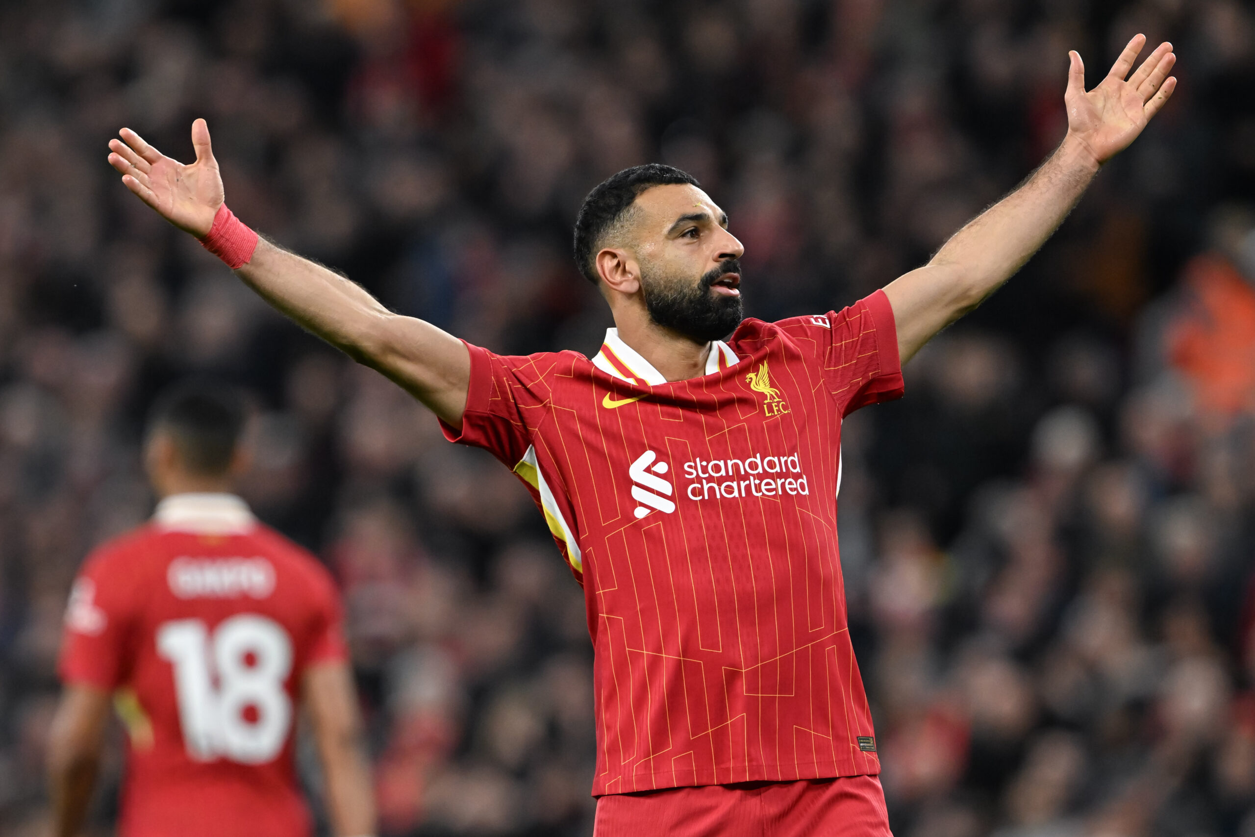 Mohamed Salah of Liverpool celebrates his goal to make it 2-1 Liverpool during the Premier League match Liverpool vs Brighton and Hove Albion at Anfield, Liverpool, United Kingdom, 2nd November 2024

(Photo by Cody Froggatt/News Images) in Liverpool, United Kingdom on 11/2/2024. (Photo by Cody Froggatt/News Images/Sipa USA)
2024.11.02 Liverpool
pilka nozna liga angielska
Liverpool - Brighton and Hove Albion
Foto Cody Froggatt/News Images/SIPA USA/PressFocus

!!! POLAND ONLY !!!