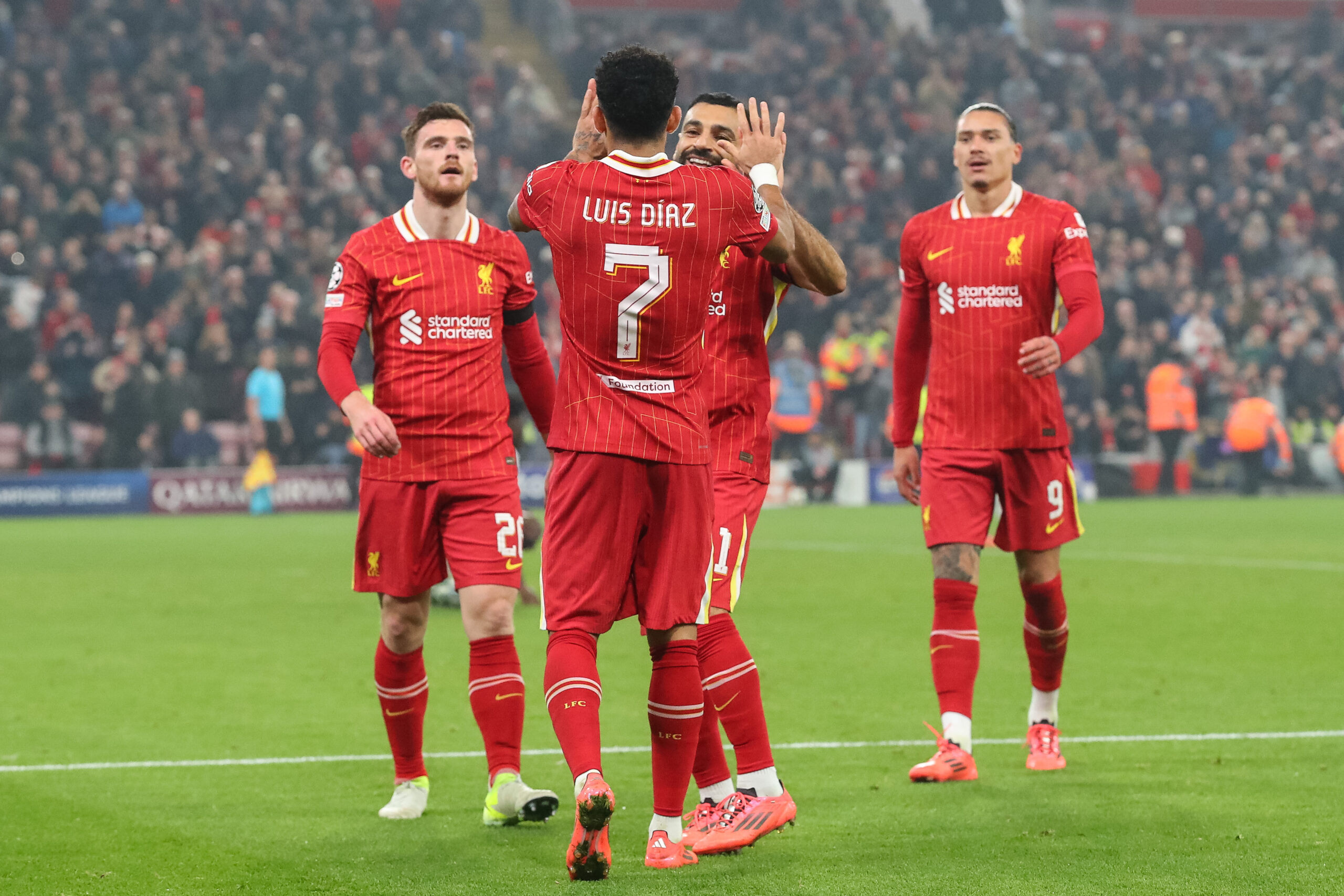 Luis Daz of Liverpool celebrates his hat-trick goal to make it 4-0 during the UEFA Champions League, League Stage match Liverpool vs Bayer 04 Leverkusen at Anfield, Liverpool, United Kingdom, 5th November 2024

(Photo by Gareth Evans/News Images) in Liverpool, United Kingdom on 11/5/2024. (Photo by Gareth Evans/News Images/Sipa USA)
2024.11.05 Liverpool
pilka nozna liga mistrzow
FC Liverpool - Bayer 04 Leverkusen
Foto Gareth Evans/News Images/SIPA USA/PressFocus

!!! POLAND ONLY !!!