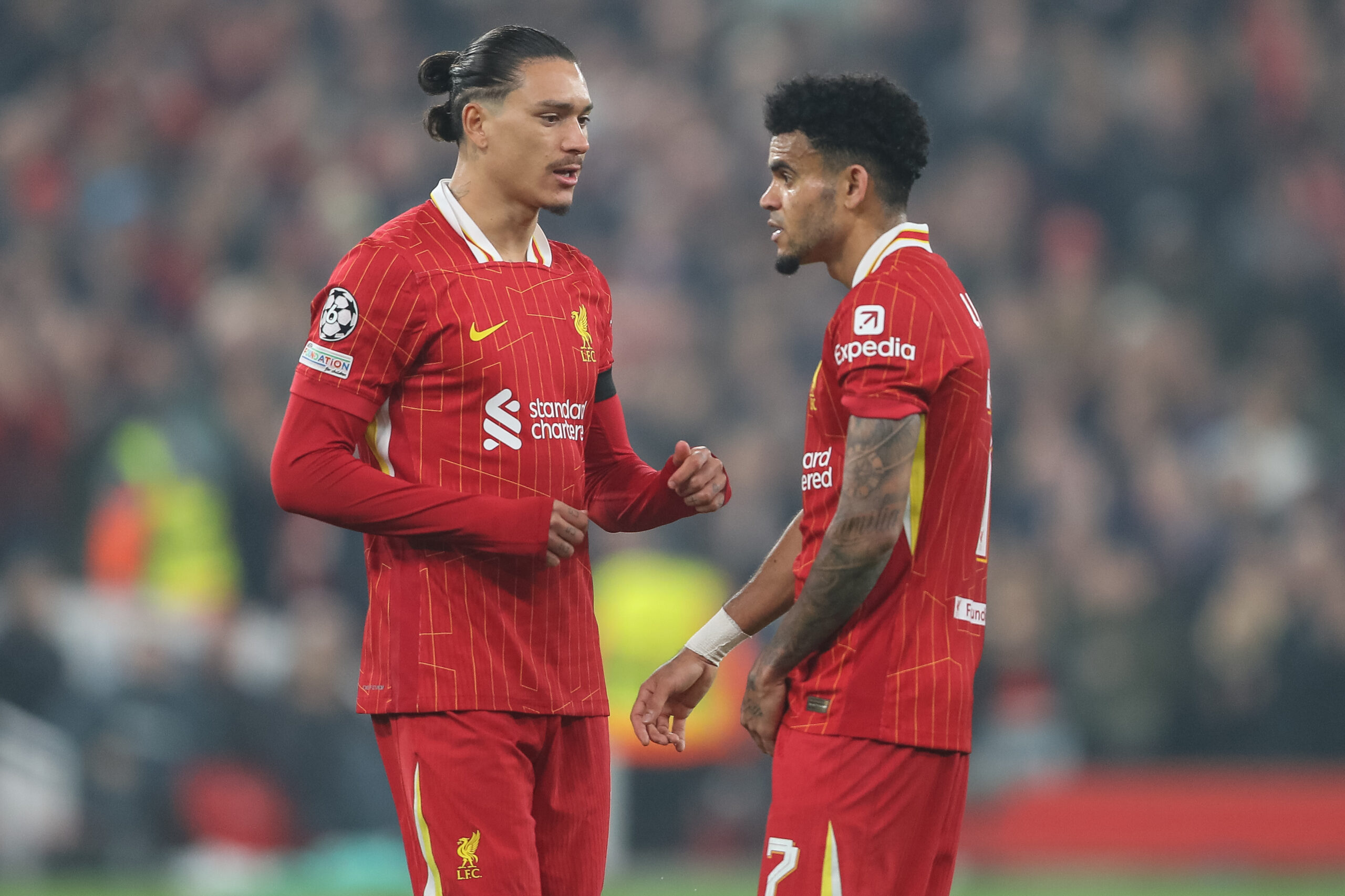 Darwin Nunez of Liverpool speaks to Luis Daz of Liverpool lduring the UEFA Champions League, League Stage match Liverpool vs Bayer 04 Leverkusen at Anfield, Liverpool, United Kingdom, 5th November 2024

(Photo by Gareth Evans/News Images) in Liverpool, United Kingdom on 11/5/2024. (Photo by Gareth Evans/News Images/Sipa USA)
2024.11.05 Liverpool
pilka nozna liga mistrzow
FC Liverpool - Bayer 04 Leverkusen
Foto Gareth Evans/News Images/SIPA USA/PressFocus

!!! POLAND ONLY !!!