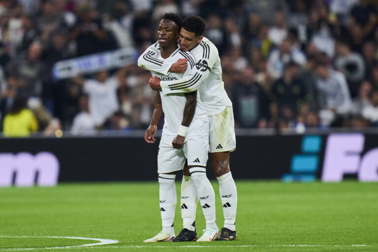 Vinicius Junior and Jude Bellingham of Real Madrid CF during the UEFA Champions League match between Real Madrid and AC Milan played at Santiago Bernabeu Stadium on November 5, 2024 in Madrid, Spain. (Photo by Cesar Cebolla / PRESSINPHOTO)
2024.11.06 Madrid
pilka nozna liga mistrzow
Real Madryt -  AC Milan
Foto pressinphoto/SIPA USA/PressFocus

!!! POLAND ONLY !!!