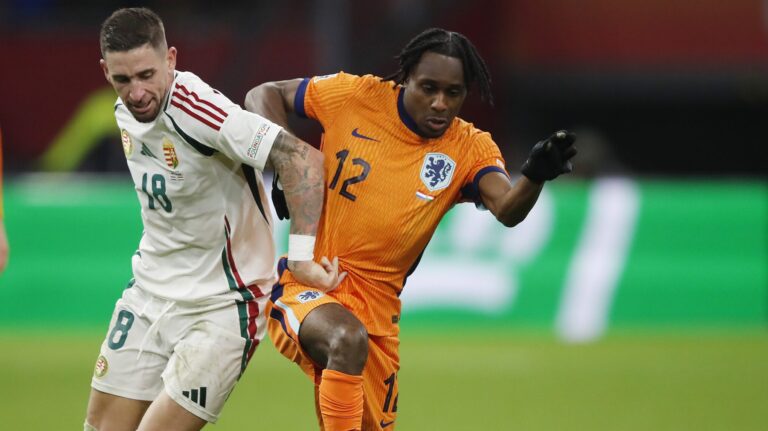 11/16/2024 - AMSTERDAM - (l-r) Zsolt Nagy of Hungary, Jeremie Frimpong of the Netherlands during the UEFA Nations League match between the Netherlands and Hungary at the Johan Cruyff ArenA on Nov. 16, 2024 in Amsterdam, Netherlands. ANP BART STOUTJESDIJK /ANP/Sipa USA
2024.11.16 Amsterdam
pilka nozna Liga Narodow
Holandia - Wegry
Foto ANP/SIPA USA/PressFocus

!!! POLAND ONLY !!!