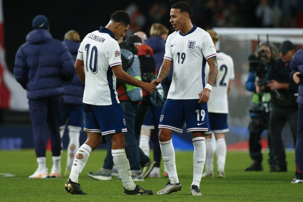 Jude Bellingham of England and Morgan Rogers of England at the end of the UEFA Nations League Group B2 match at Wembley Stadium, London
Picture by Paul Chesterton/Focus Images Ltd +44 7904 640267
17/11/2024
2024.11.17 Londyn
pilka nozna Liga Narodow
Anglia - Irlandia
Foto Paul Chesterton/Focus Images/MB Media/PressFocus

!!! POLAND ONLY !!!