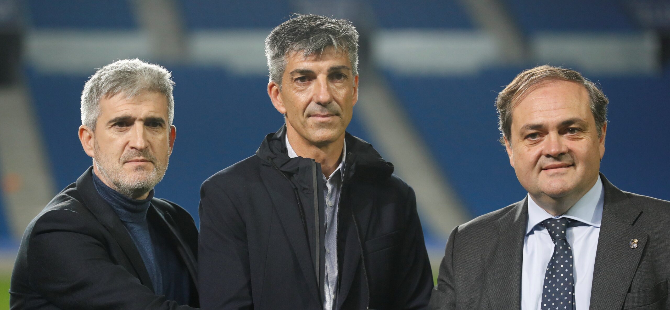 The President of the Royal Society Jokin Aperribay (R) and the Sports Director Roberto Olabe (L) during the presentation of Imanol Alguacil (C), as the new coach of the team after the termination of the contract to Asier Garitano, in an act that has been held, at the Anoeta stadium of San Sebastian, Spain, 26 December 2018.,Image: 422178493, License: Rights-managed, Restrictions: , Model Release: no, Credit line: Juan Herrero / EFE / Forum