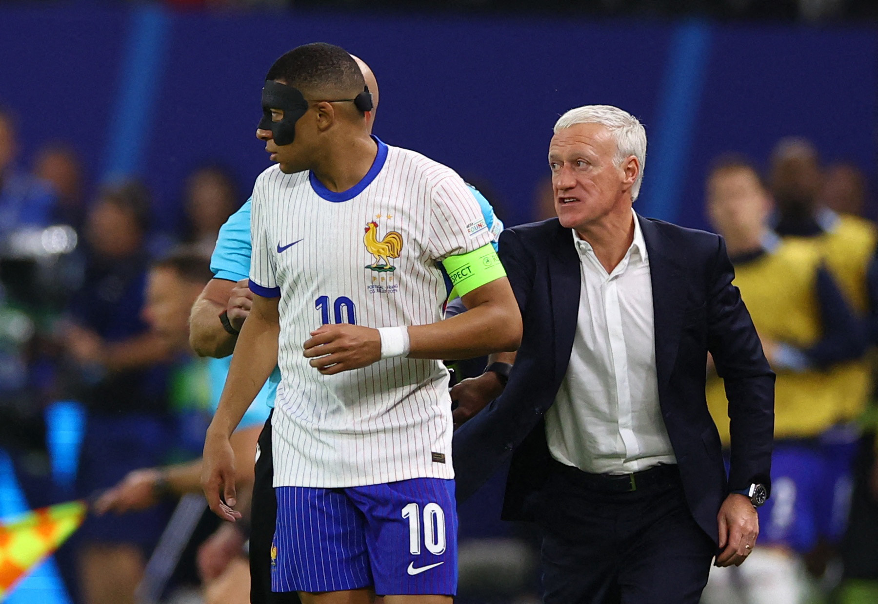 Soccer Football - Euro 2024 - Quarter Final - Portugal v France - Hamburg Volksparkstadion, Hamburg, Germany - July 5, 2024 France&#039;s Kylian Mbappe with coach Didier Deschamps,Image: 887562415, License: Rights-managed, Restrictions: , Model Release: no, Credit line: Lisi Niesner / Reuters / Forum