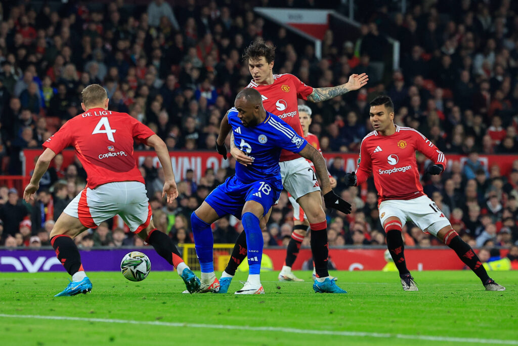 Manchester United, ManU v Leicester City EFL Cup 30/10/2024. Jordan Ayew 18 of Leicester City is held back by Victor Lindelof 2 of Manchester United during the EFL Cup match between Manchester United and Leicester City at Old Trafford, Manchester, England on 30 October 2024. Manchester Old Trafford Greater Manchester England Editorial use only DataCo restrictions apply See www.football-dataco.com , Copyright: xConorxMolloyx PSI-20709-0073,Image: 928476190, License: Rights-managed, Restrictions: , Model Release: no, Credit line: Conor Molloy / imago sport / Forum