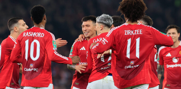 Manchester United, ManU v Leicester City EFL Cup 30/10/2024. Lisandro Martinez 6 of Manchester United and his team mates celebrate a goal by Bruno Fernandes 8 to make it 3-1 during the EFL Cup match between Manchester United and Leicester City at Old Trafford, Manchester, England on 30 October 2024. Manchester Old Trafford Greater Manchester England Editorial use only DataCo restrictions apply See www.football-dataco.com , Copyright: xConorxMolloyx PSI-20709-0144,Image: 928654265, License: Rights-managed, Restrictions: , Model Release: no, Credit line: Conor Molloy / imago sport / Forum